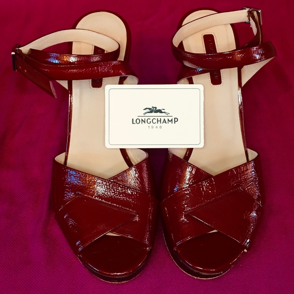 Longchamp Patent Leather Oxblood Vamp Wedge Sandal